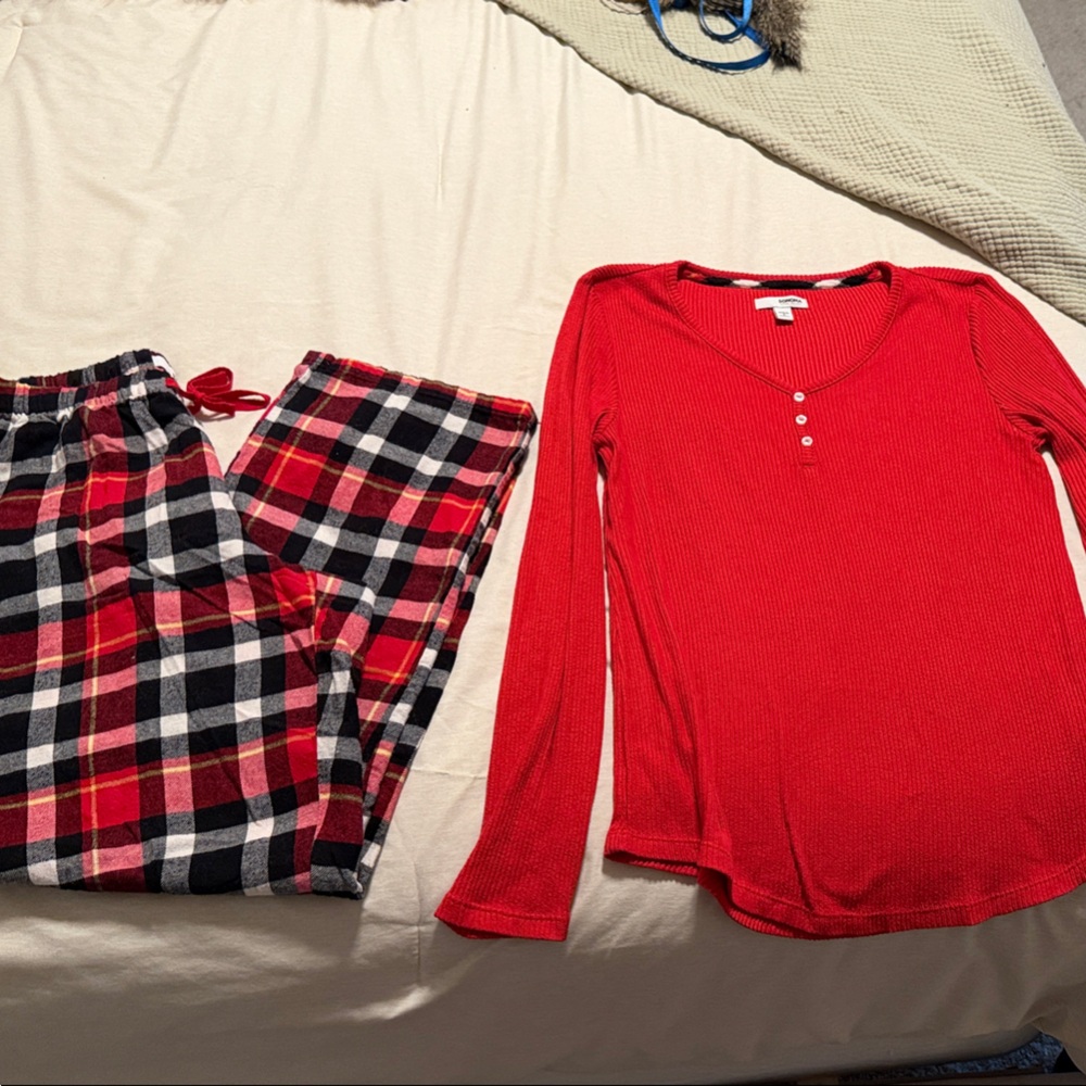 Red Henley Top and Plaid Xmas Pajama Pants Set